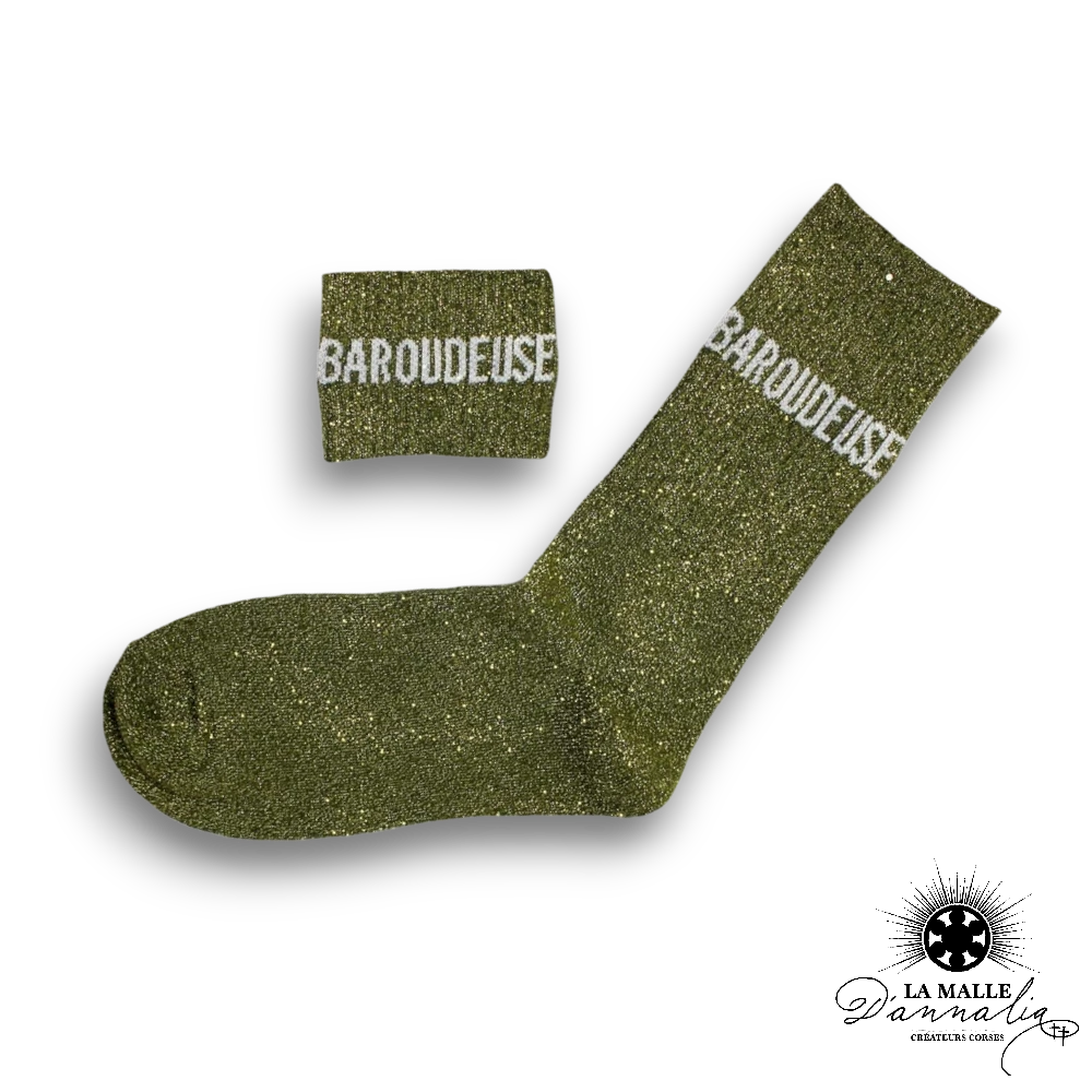 chaussette paillete message baroudeuse vert lamalledannalia