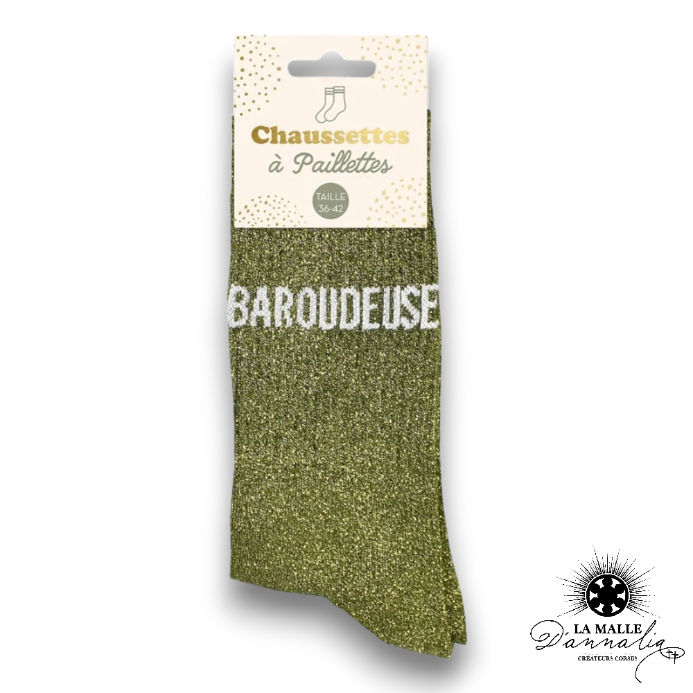 chaussette paillete message baroudeuse vert mode lamalledannalia