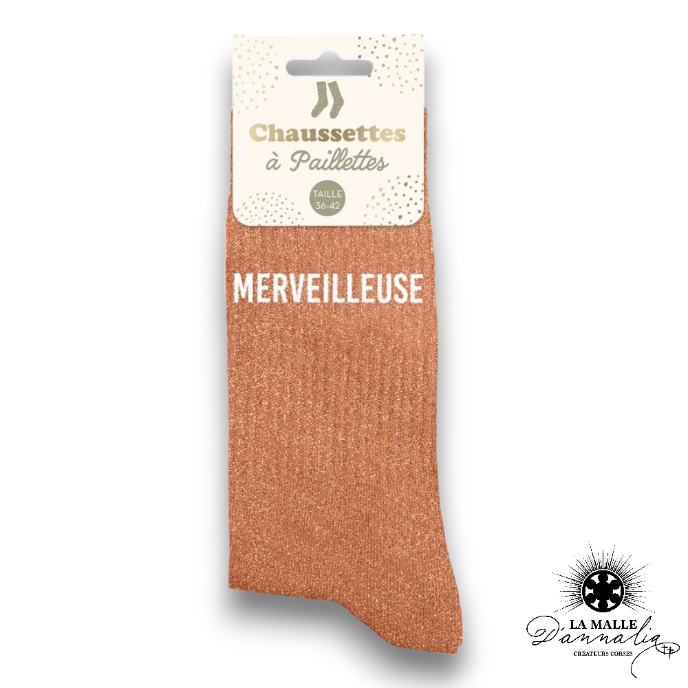 chaussette message paillete merveilleuse marron mode lamalledannalia