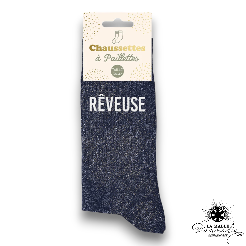 chaussette paillete message mode reveuse bleu lamalledannalia