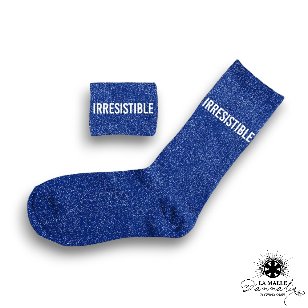 chaussette paillettes message irresistible bleu lamalledannalia