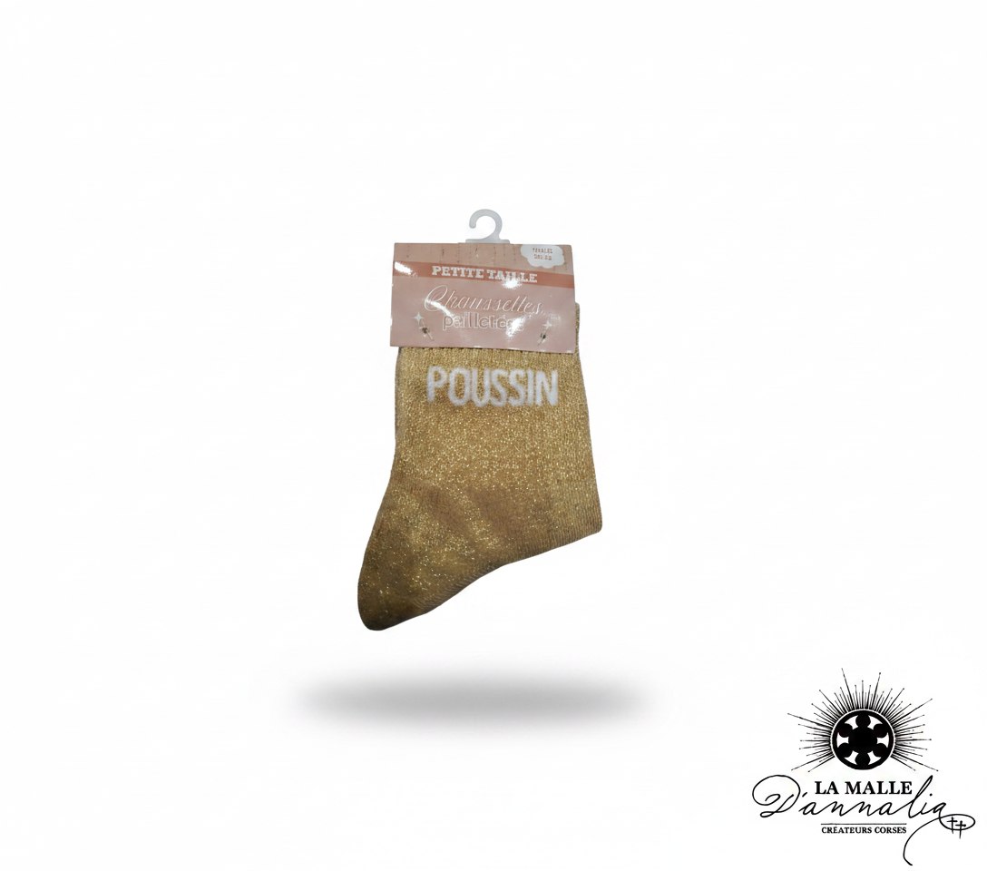 Chaussettes enfant beige scintillantes avec inscription Poussinla lamalledannalia