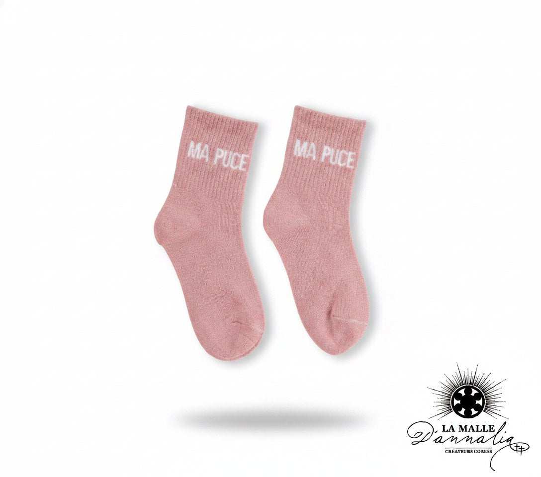 Chaussettes roses pailletées enfant message MA PUCE lamalledannalia