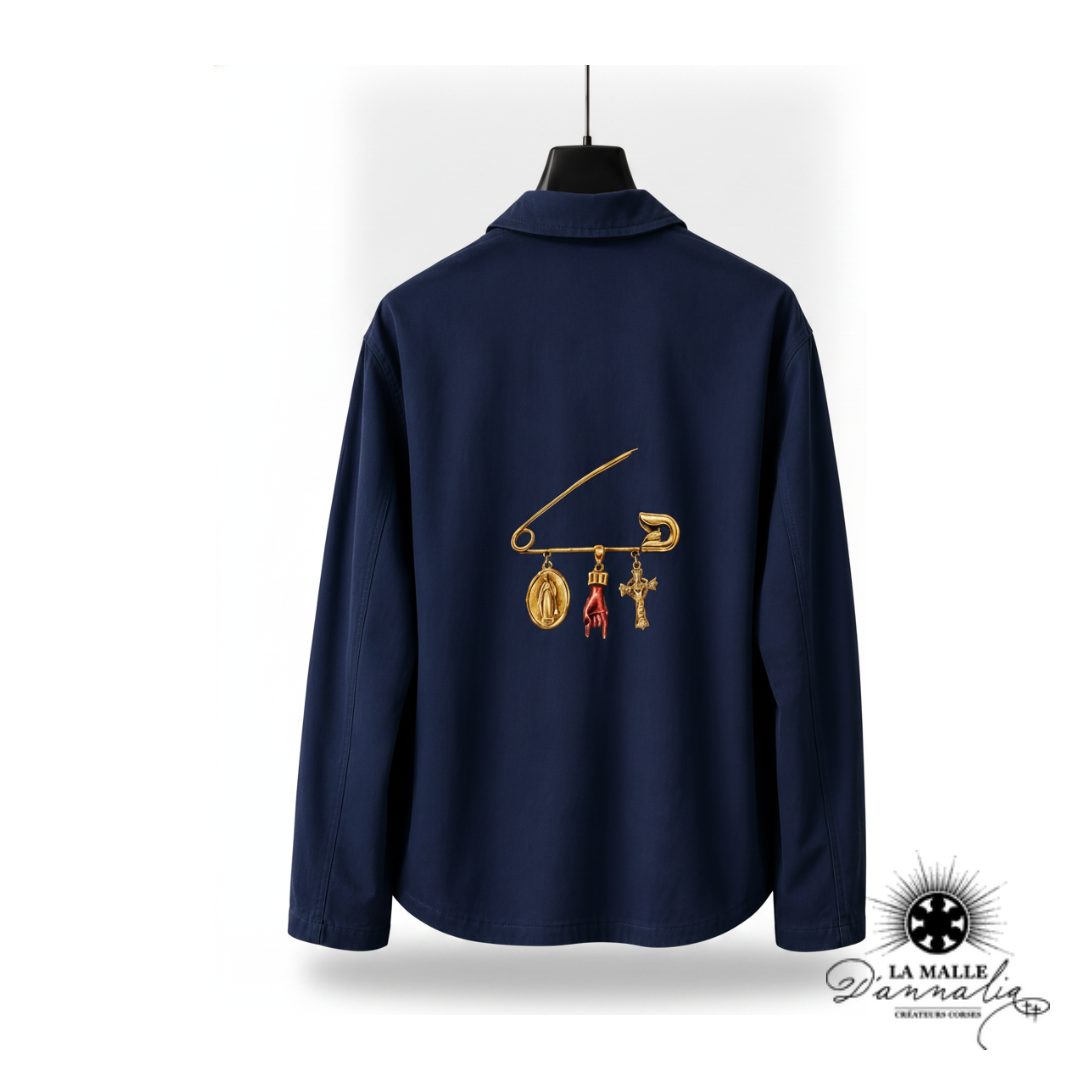 Veste Bleu Brodée Épingle Dorée