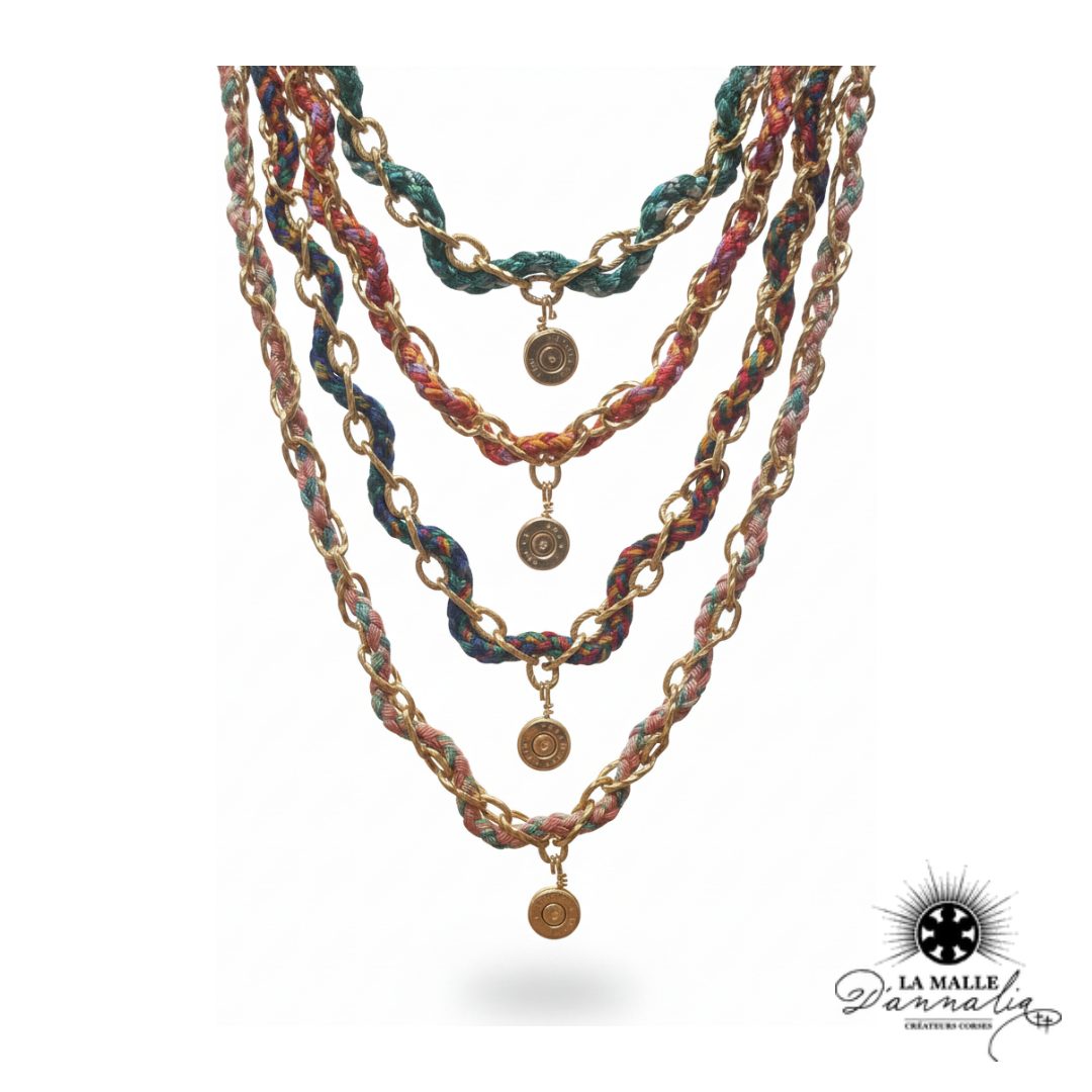 Collier Multi-rangs Chaînes & Fils Tressés — Pendentifs Douilles Recyclées