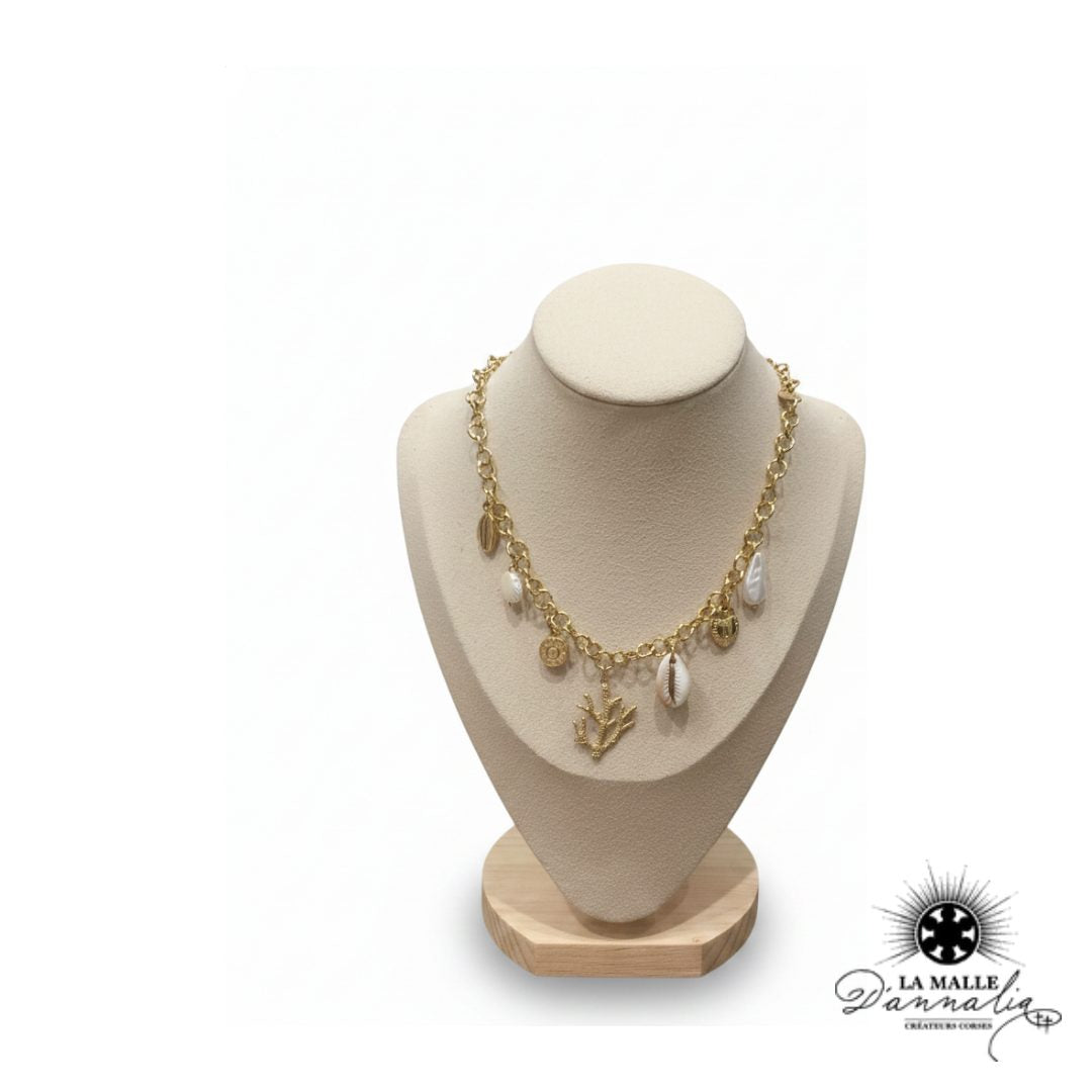 Collier Chaîne Jaseron Dorée — Douille Façonnée, Corail, Cauri & Perles
