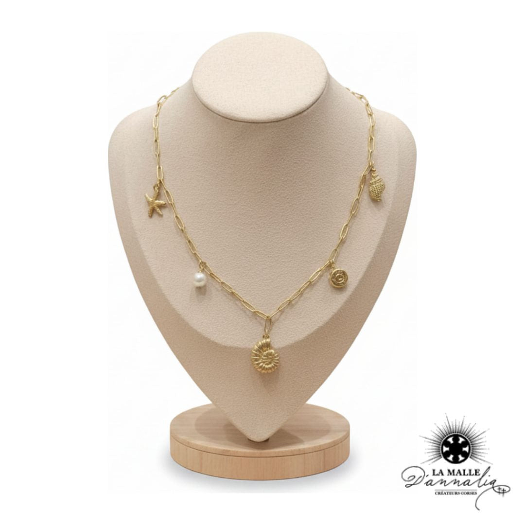Collier Coquillage Spirale — Douille Façonnée, Étoile de Mer & Perle Blanche
