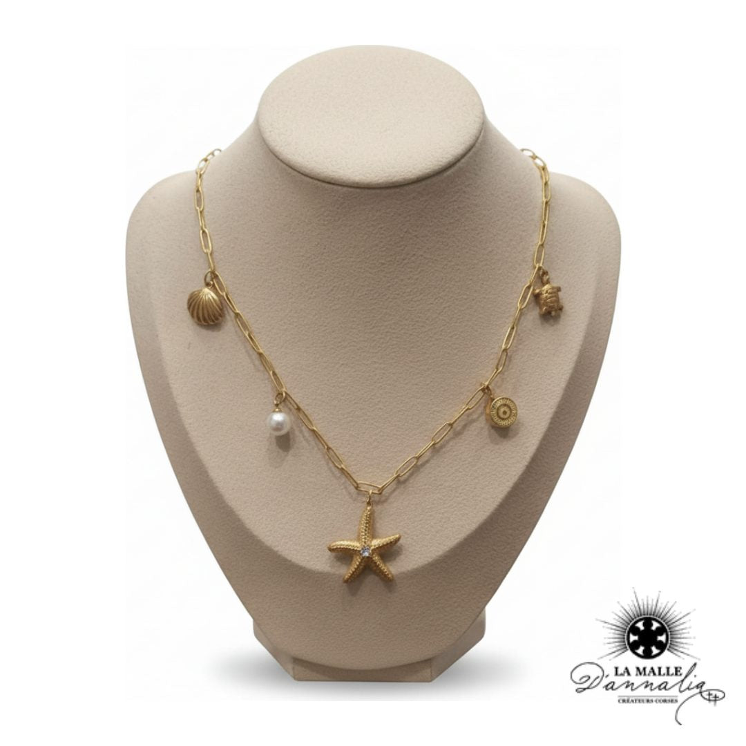 Collier Chaîne Maillons Allongés — Douille Façonnée, Étoile de Mer & Charms Marins