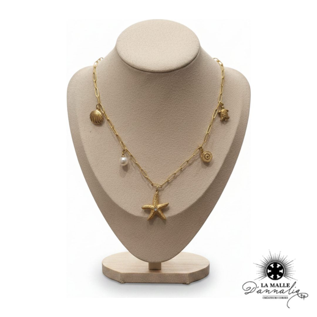 Collier Chaîne Maillons Allongés — Douille Façonnée, Étoile de Mer & Charms Marins