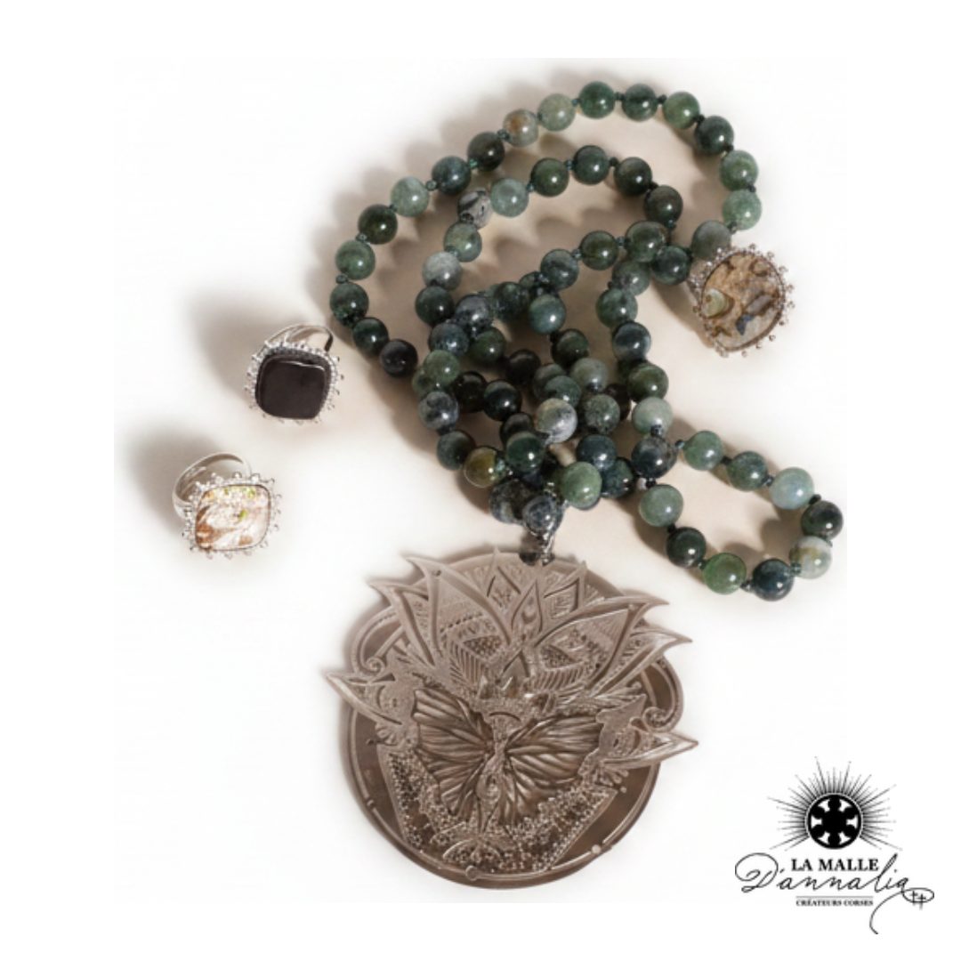 Collier Sautoir Agate Mousse & Papillon — Bijou Naturel Unique Bastia