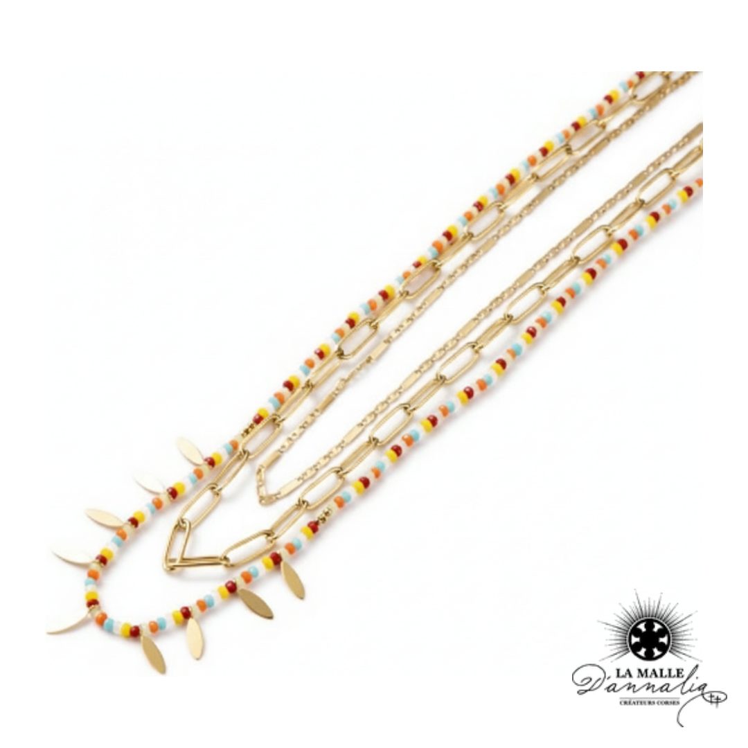 Collier Court 3 Rangs Perles Facettées en acier inoxydable