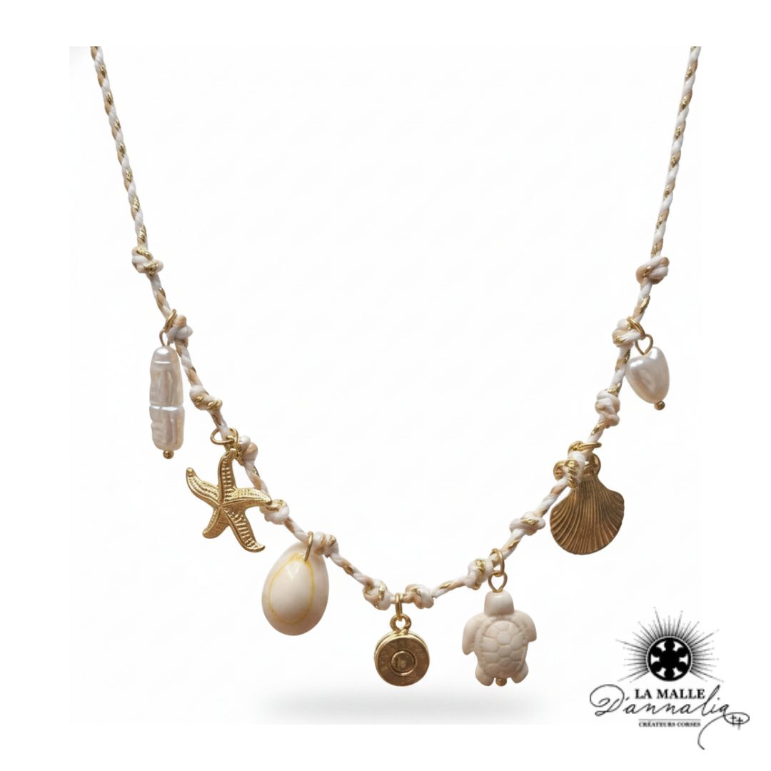 Collier de Plage Cordon Tressé — Coquillages, Étoile de Mer, Tortue & Douille