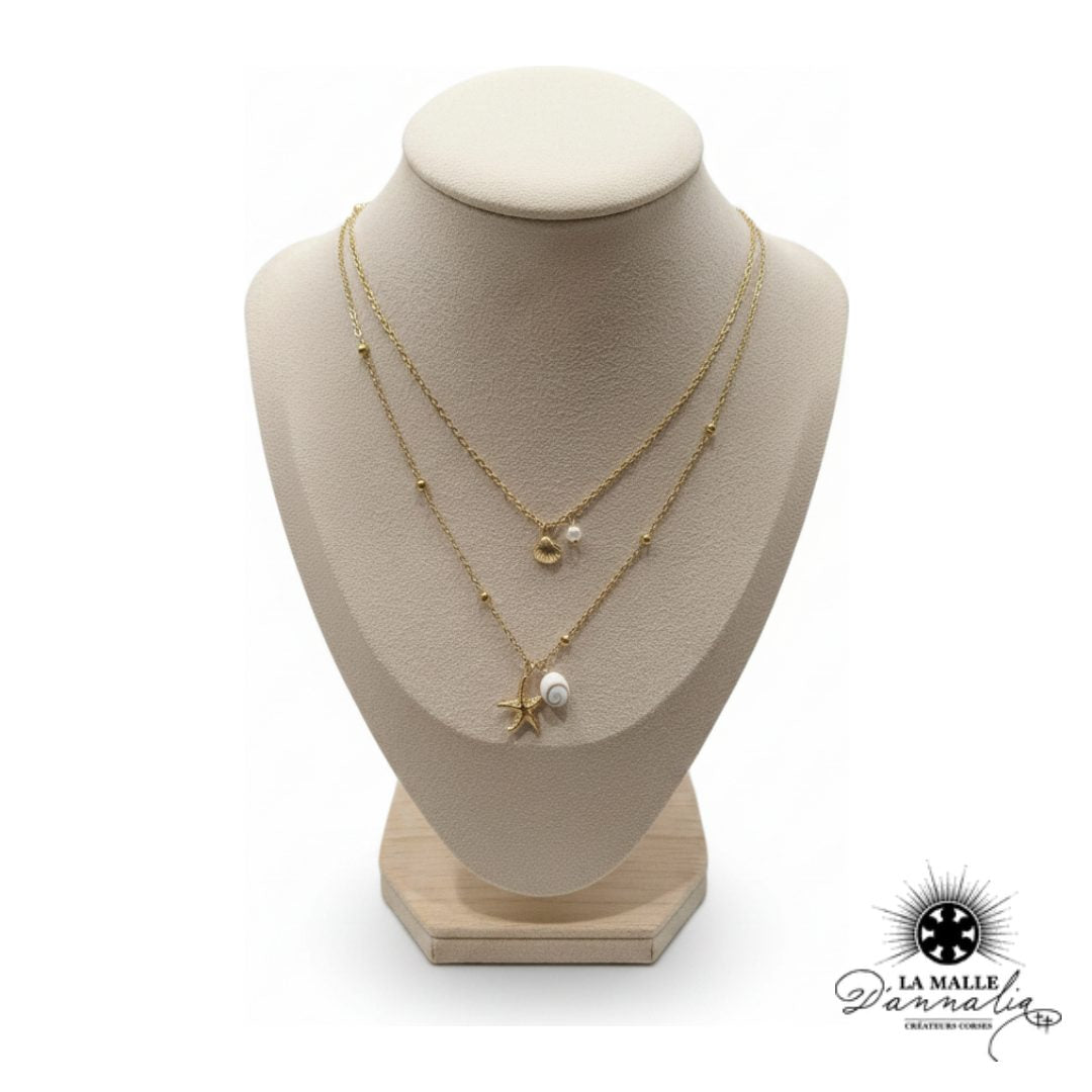 Collier Double Rang Doré — Étoile de Mer, Coquillage & Perle