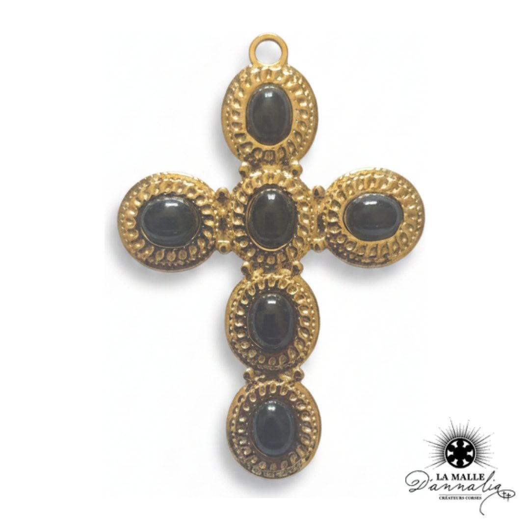 Breloque Grande Croix Dorée Pierres Scintillantes — 8 cm