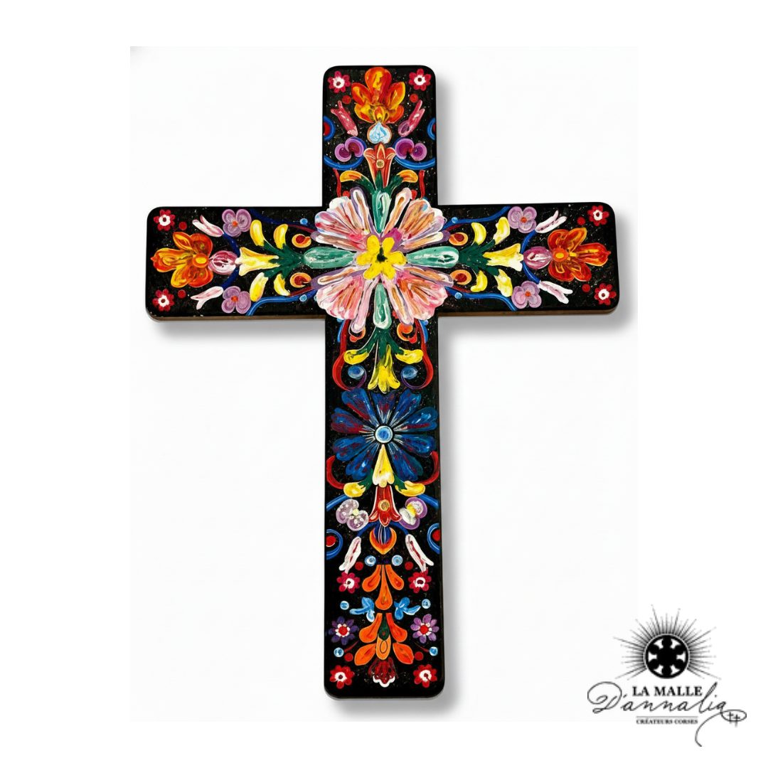 Croix Décorative Murale Noir & Multicolore — Art Religieux Mexicain Bastia