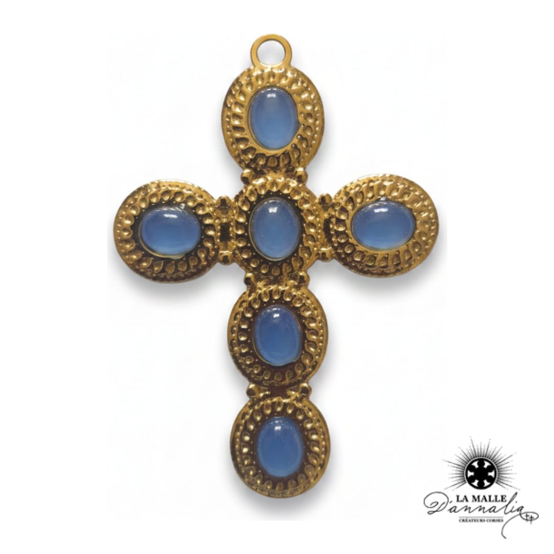 Breloque Grande Croix Dorée Pierres Scintillantes — 8 cm