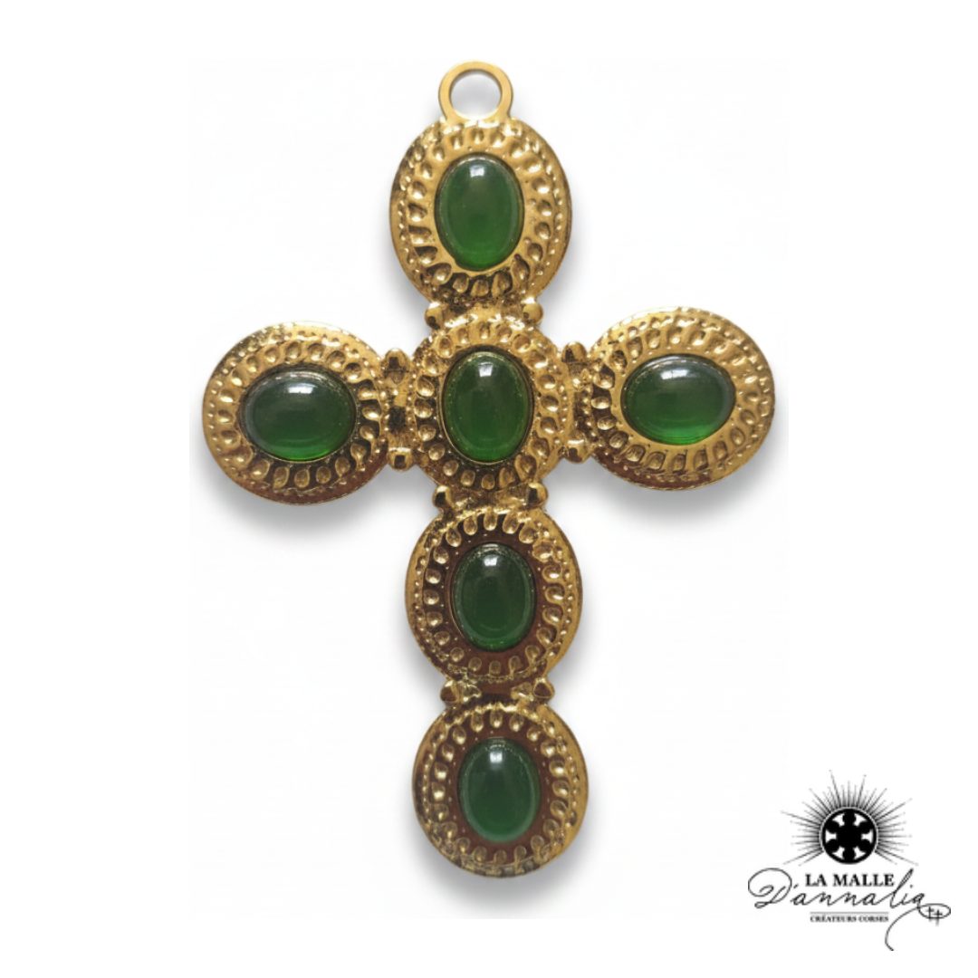 Breloque Grande Croix Dorée Pierres Scintillantes — 8 cm