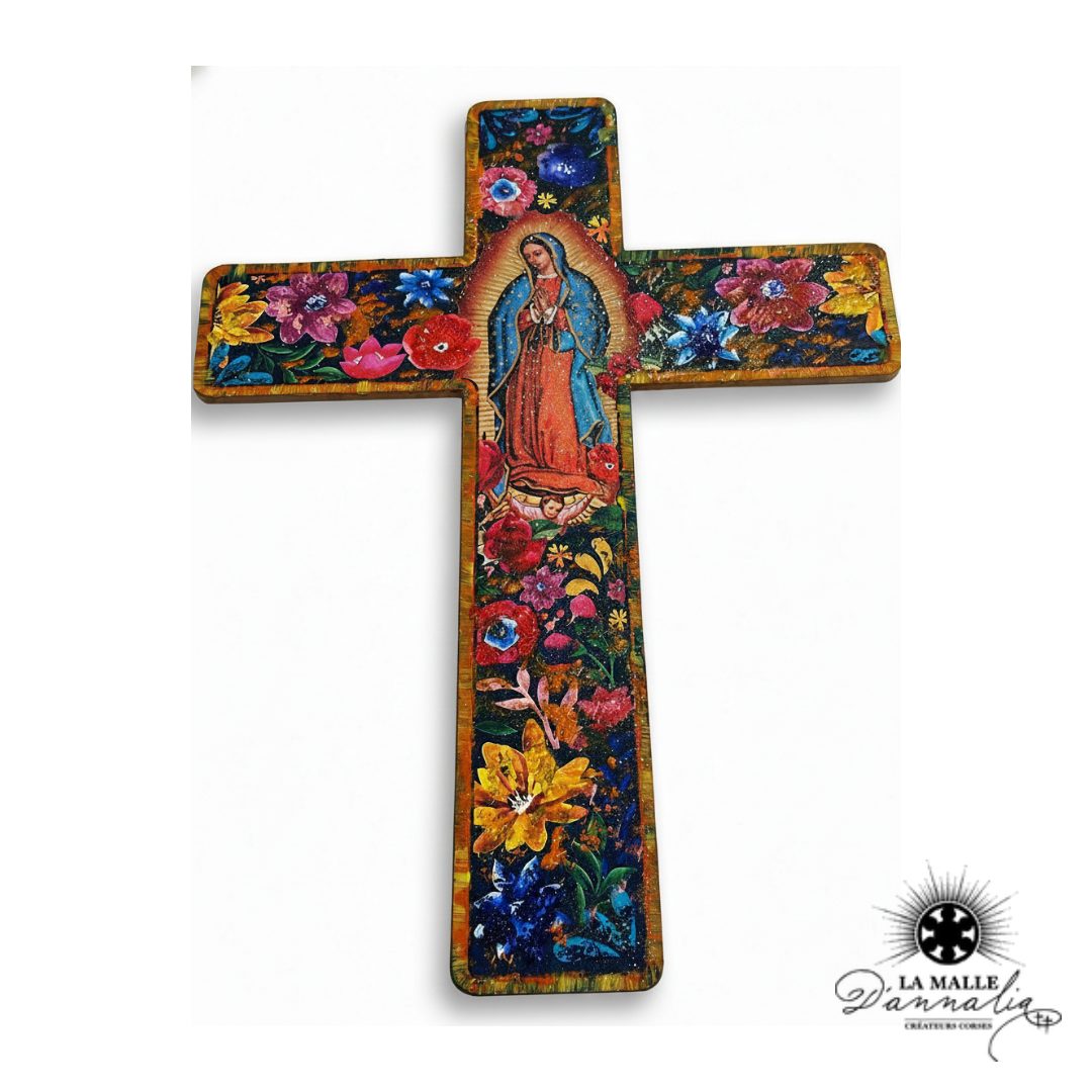 Croix Décorative Murale Bleu & Orange — Art Religieux Mexicain Bastia
