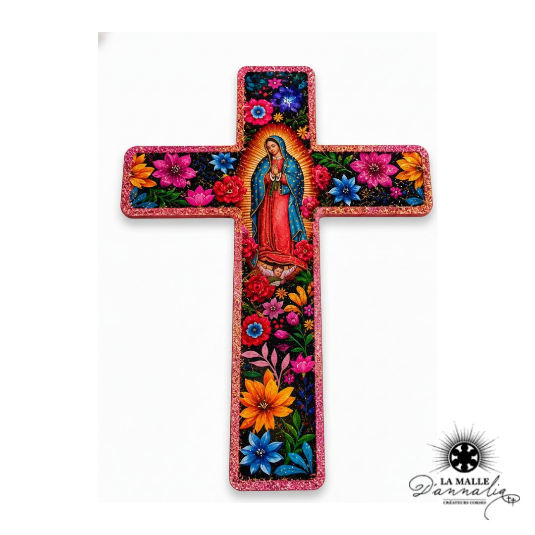 Croix Décorative Murale Rose Pailleté — Art Religieux Mexicain Bastia