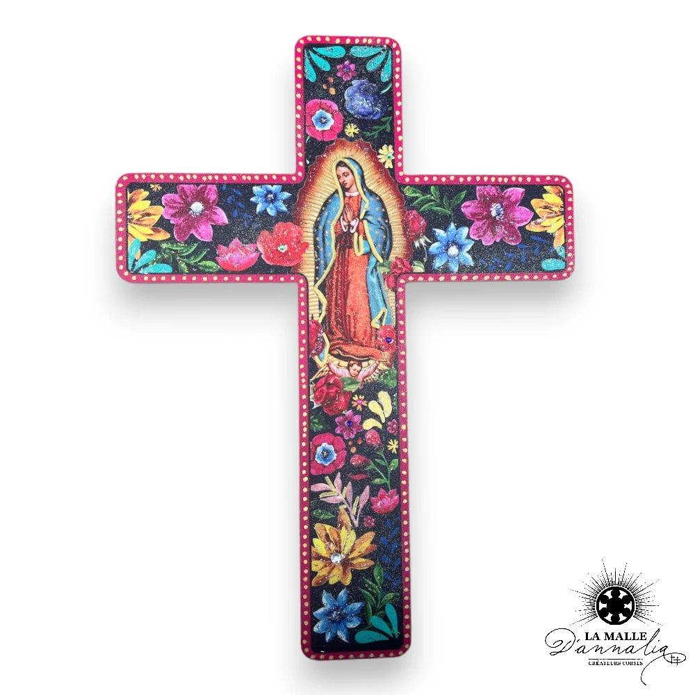 deco-murale-vierge-croix-fleur-religieux-noir-fuschia-lamalledannalia