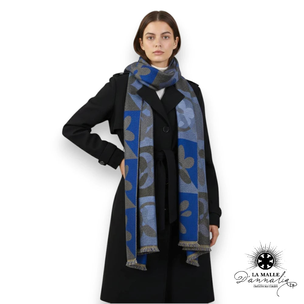 echarpes bleu irisee hiver dore classique fleur graphisme polyester lurex chaud fleur lamalledannalia