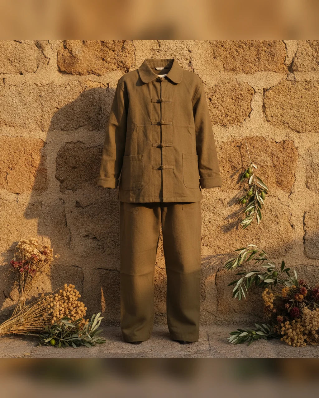 Ensemble bleu de chine kaki enfant veste pantalon sur cintres bois ambiance corse La Malle d'Annalia