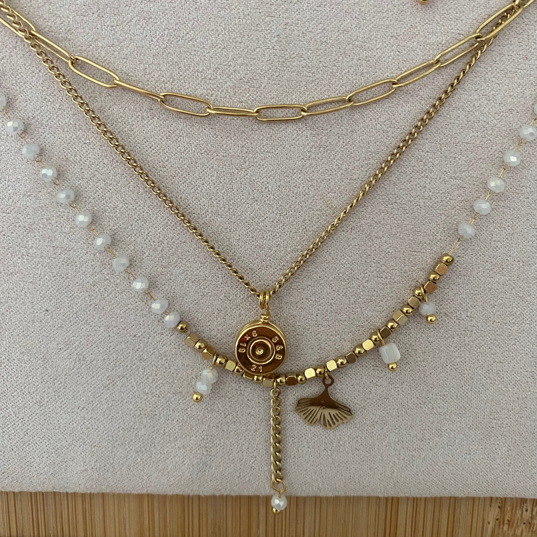 VALERIA: collier triple avec perles et douille dorée à l'or fin