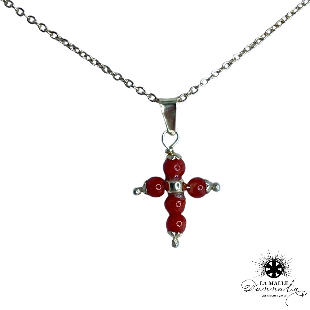 lamalledannalia-Collier-Chaîne-Acier-Pendentif-Croix-Corail-Rouge-corse