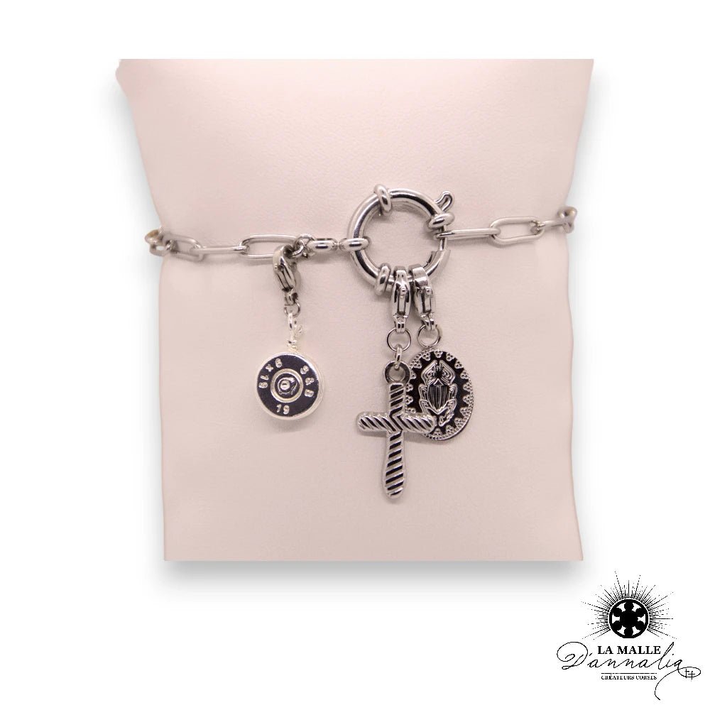 Bracelet charms scarabée et croix acier et douille artisanat corse