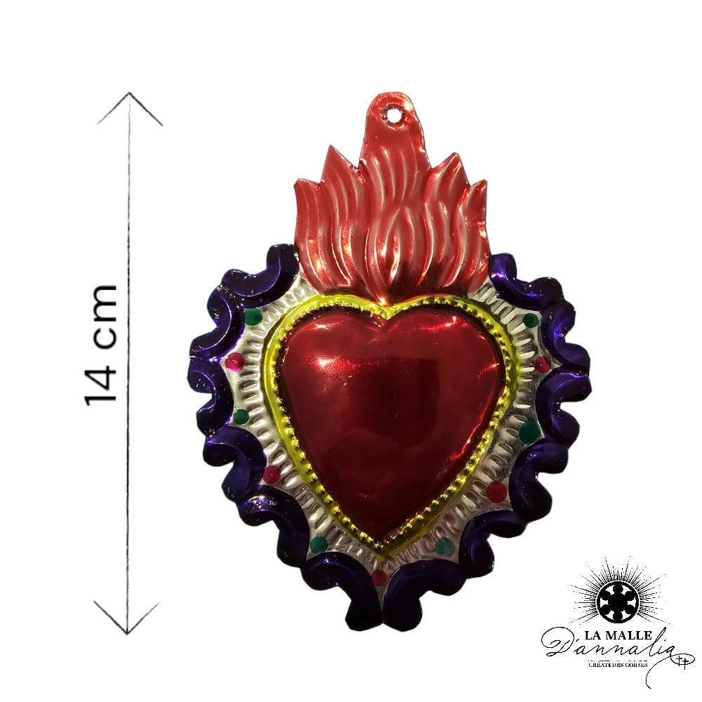 Cœur Ex-Voto Mexicain Rouge Avec Colombes - Décoration Artisanale Tôle Peinte 13x10 Cm