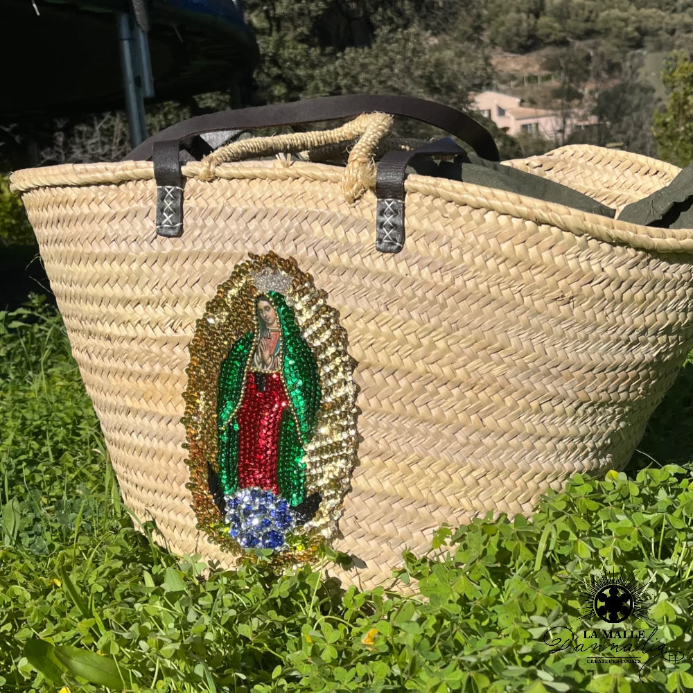 Grand Panier Original Anse en Cuir avec Ecusson Vierge à Sequins Mexico