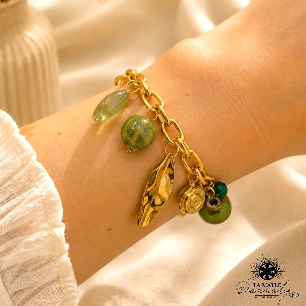 Bracelet Douille Vert Breloque Nature — Bijou Végétal Fait Main Corse