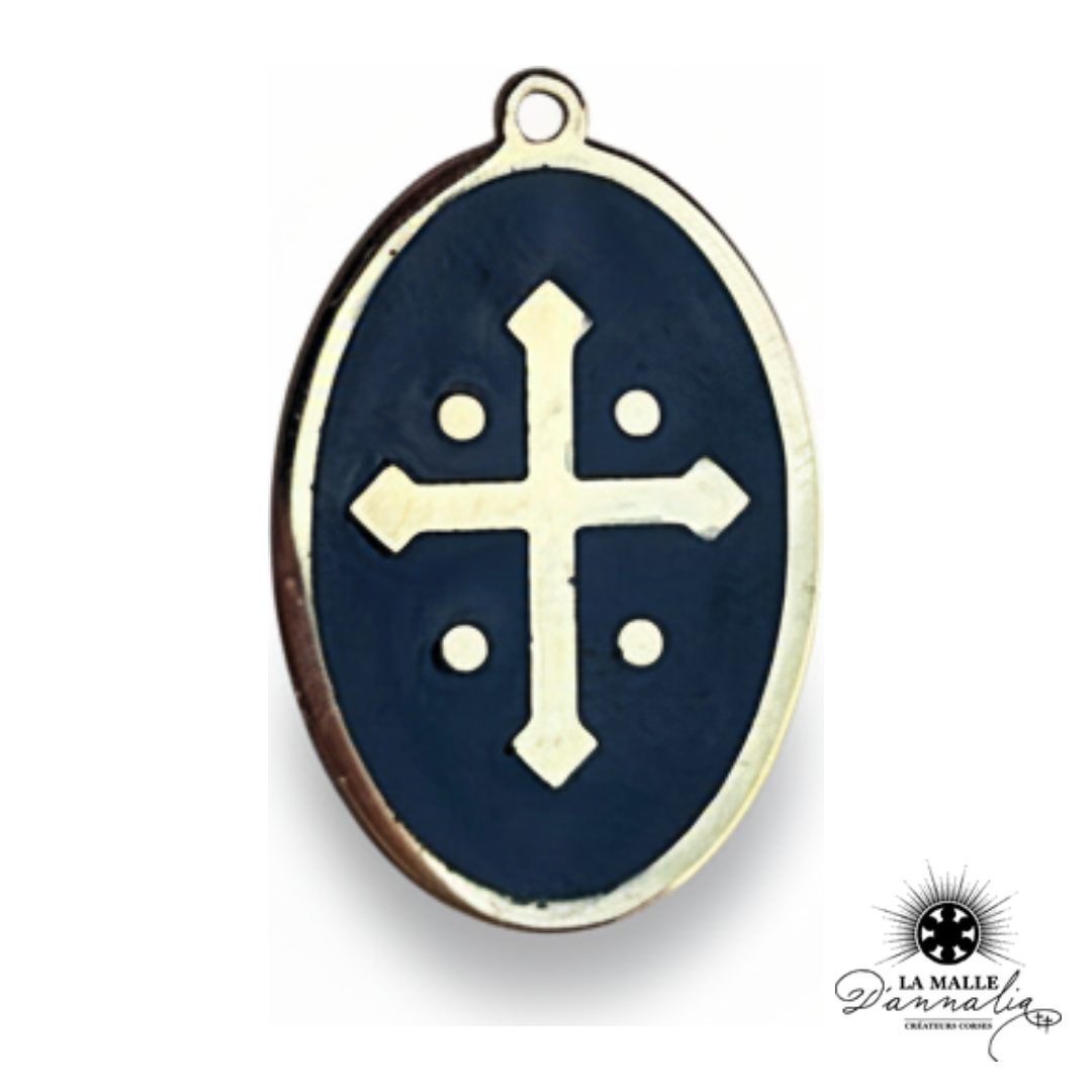 breloque médaille ovale émaillée noire croix dorée stylisée 2,3cm charm sacré La Malle d'Annalia