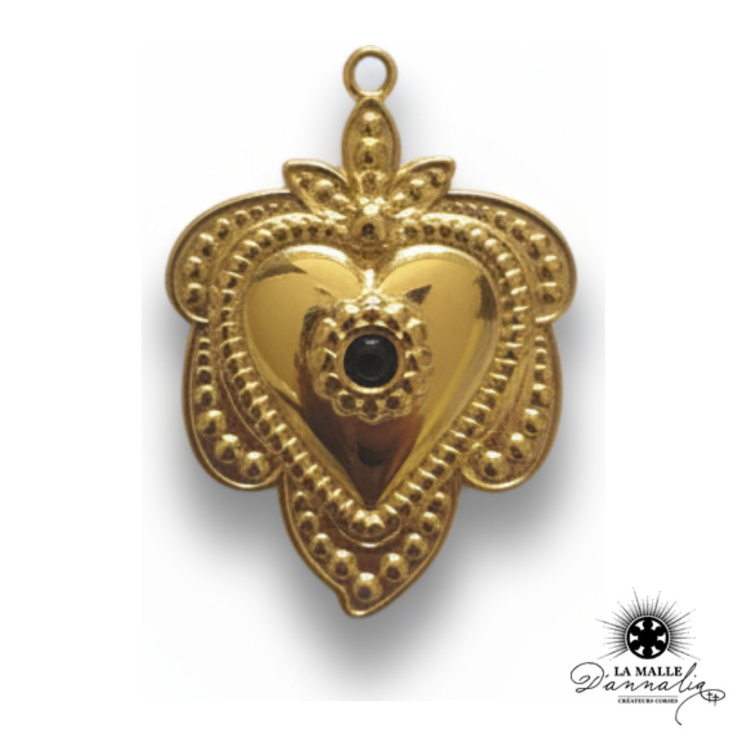 Breloque Ex Voto Cœur Doré Strass Noir — Charm 3,7 cm