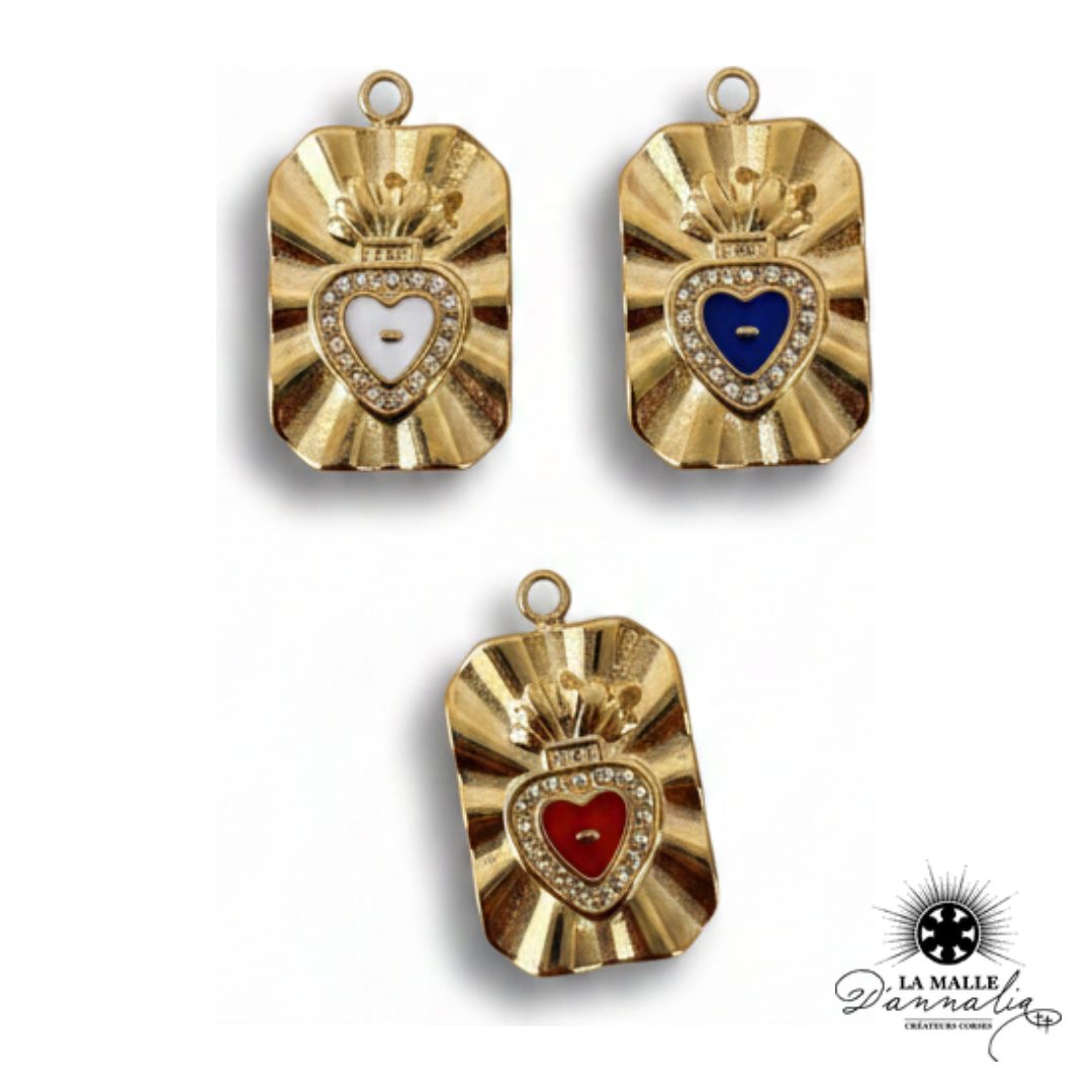 breloque rectangulaire ex-voto cœur sacré émaillé bleu rouge blanc doré charm La Malle d'Annalia