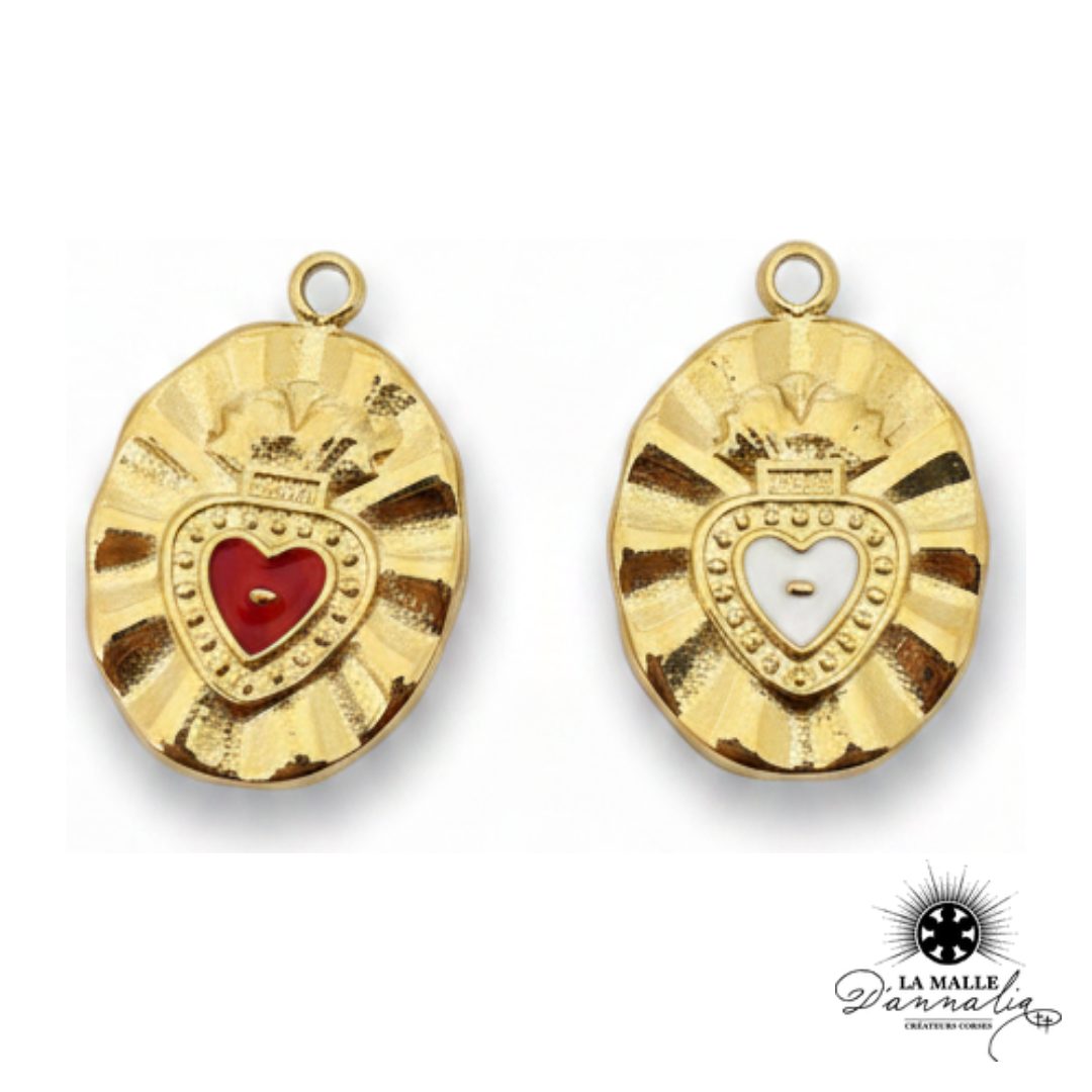 breloque ovale ex-voto cœur sacré doré émaillé rouge blanc talisman protection La Malle d'Annalia