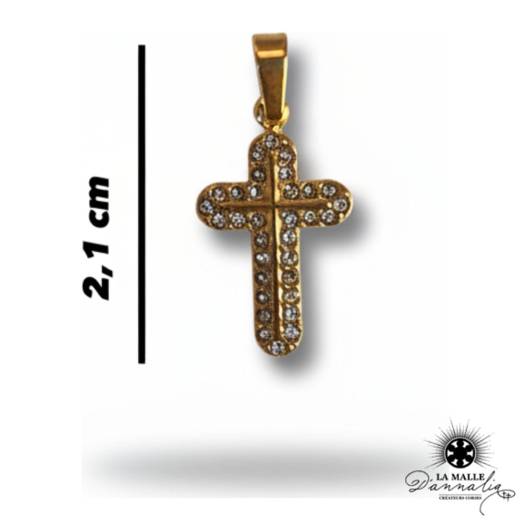 pendentif croix bombée strass dorée acier inoxydable bijou foi La Malle d'Annalia Bastia