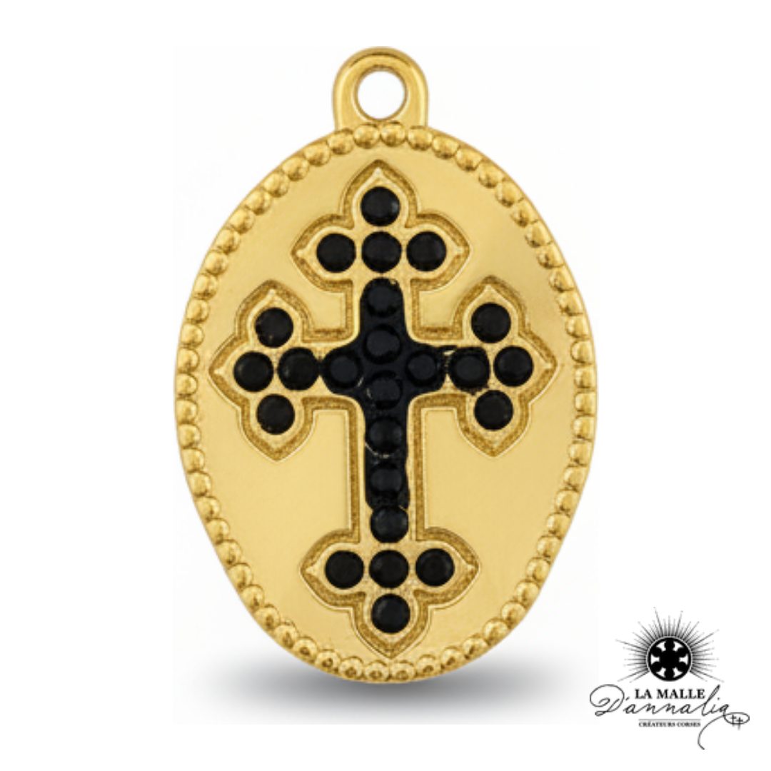 breloque médaille ovale croix tréflée cristaux noirs 2,4cm charm mystique foi La Malle d'Annalia