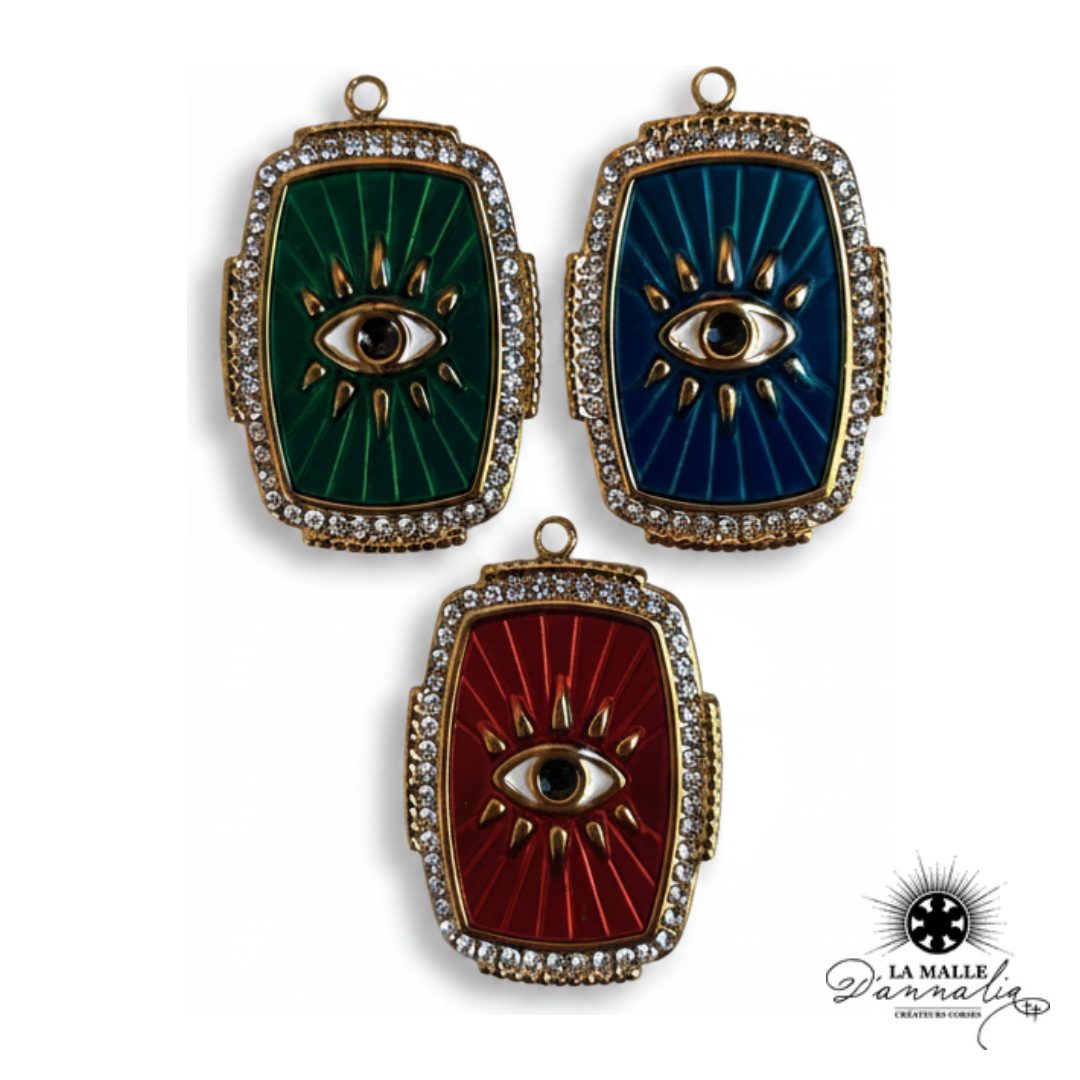Breloque Rectangulaire Œil Strass — Rouge, Vert, Bleu 3,2 cm