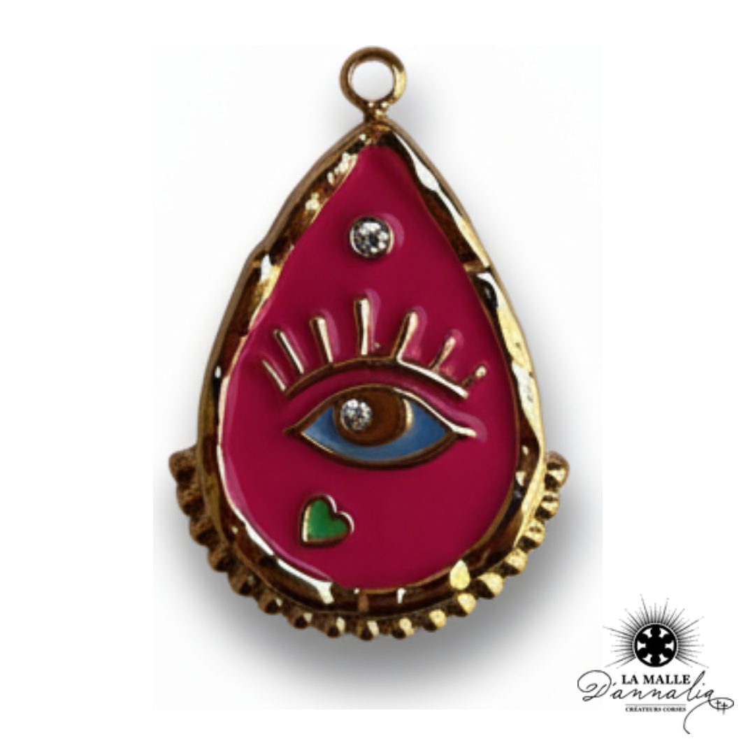 Breloque Goutte Œil Rose Doré — Charm Talisman 2,7 cm