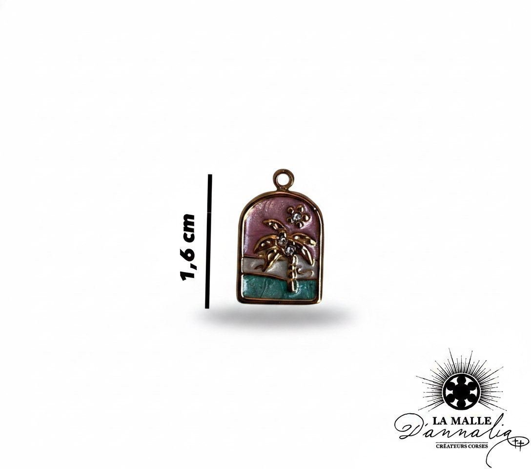 Pendentif doré émaillé motif palmier et fleur, 1,6 cm, lamalledannalia