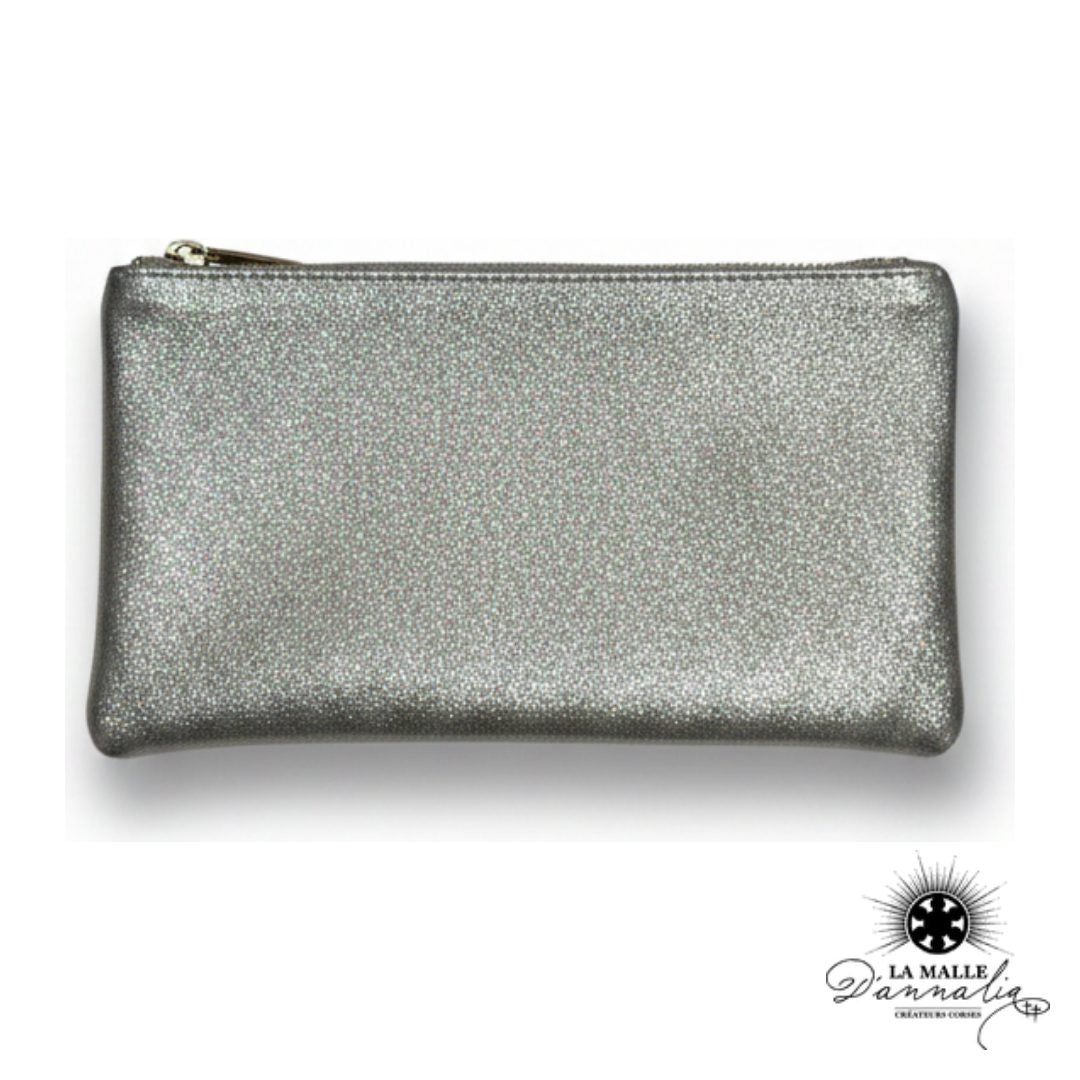 Pochette Cuir Véritable Argentée — Dragonne & Zip Doré — Italie