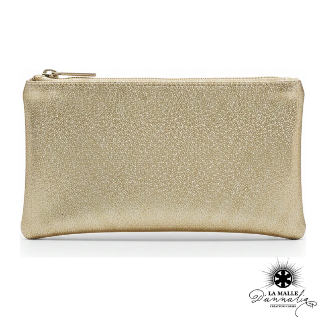 Pochette Cuir Véritable Dorée — Dragonne & Zip Doré — Italie