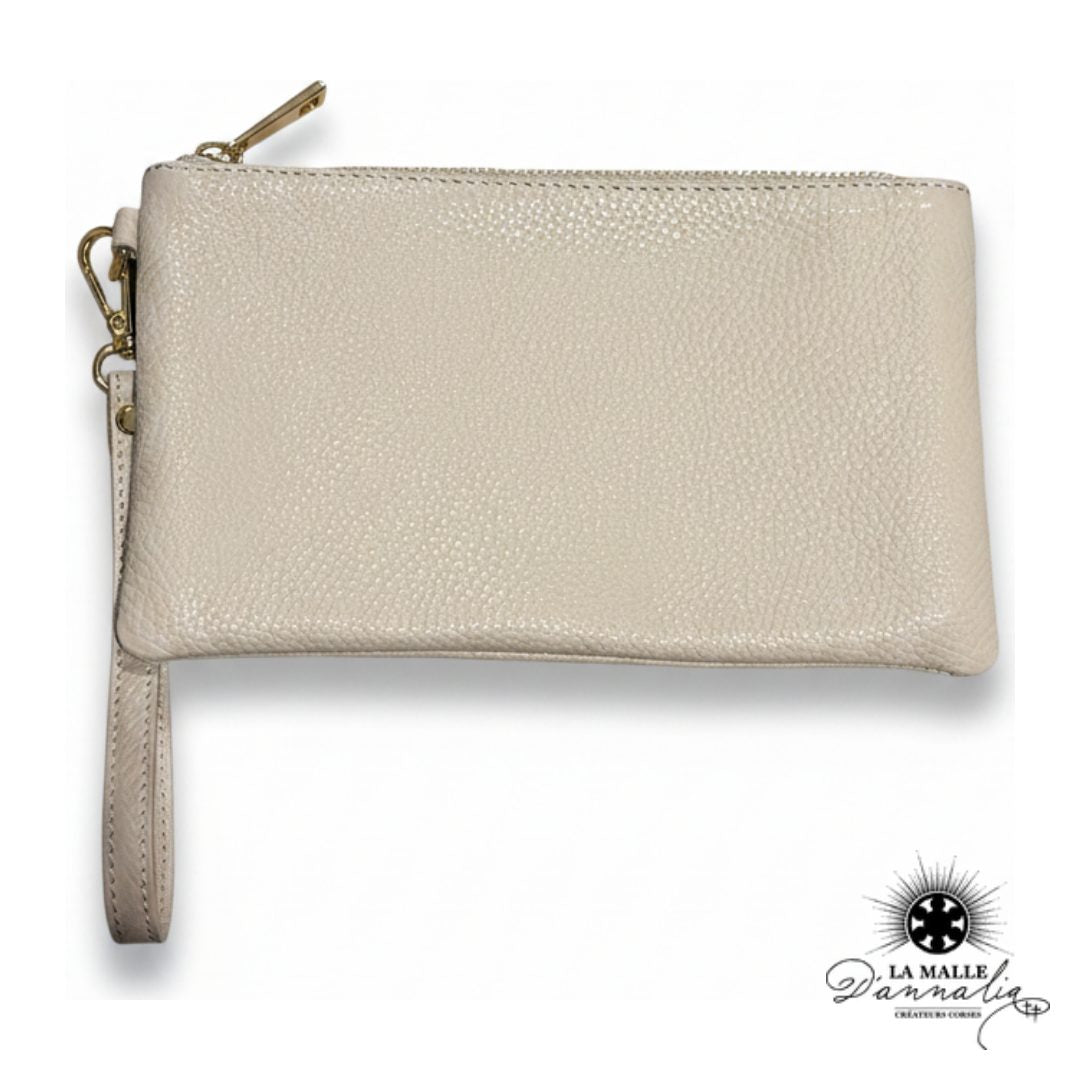 Pochette Cuir Véritable Beige — Dragonne & Zip Doré — Italie