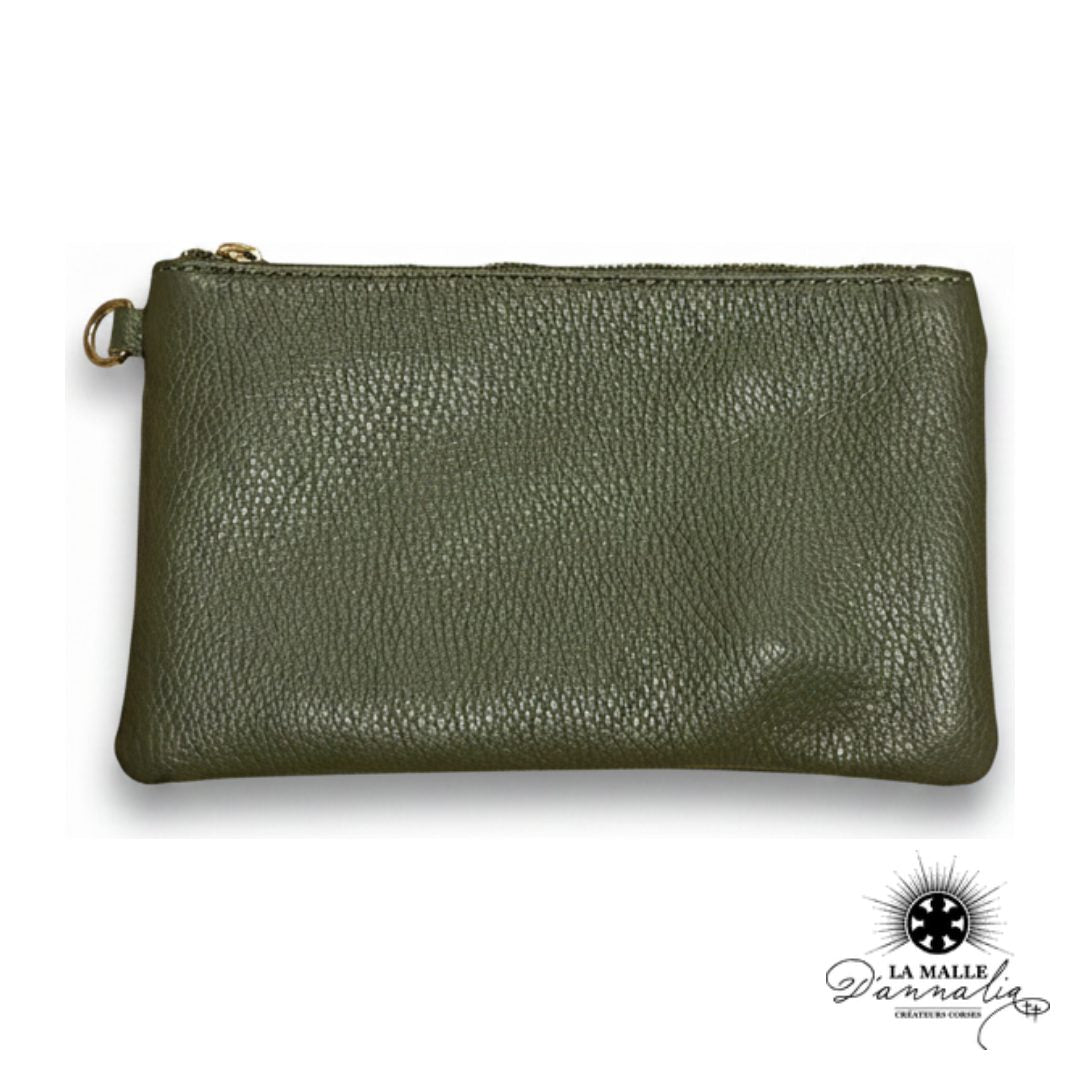 Pochette Cuir Véritable Kaki — Dragonne & Zip Doré — Italie