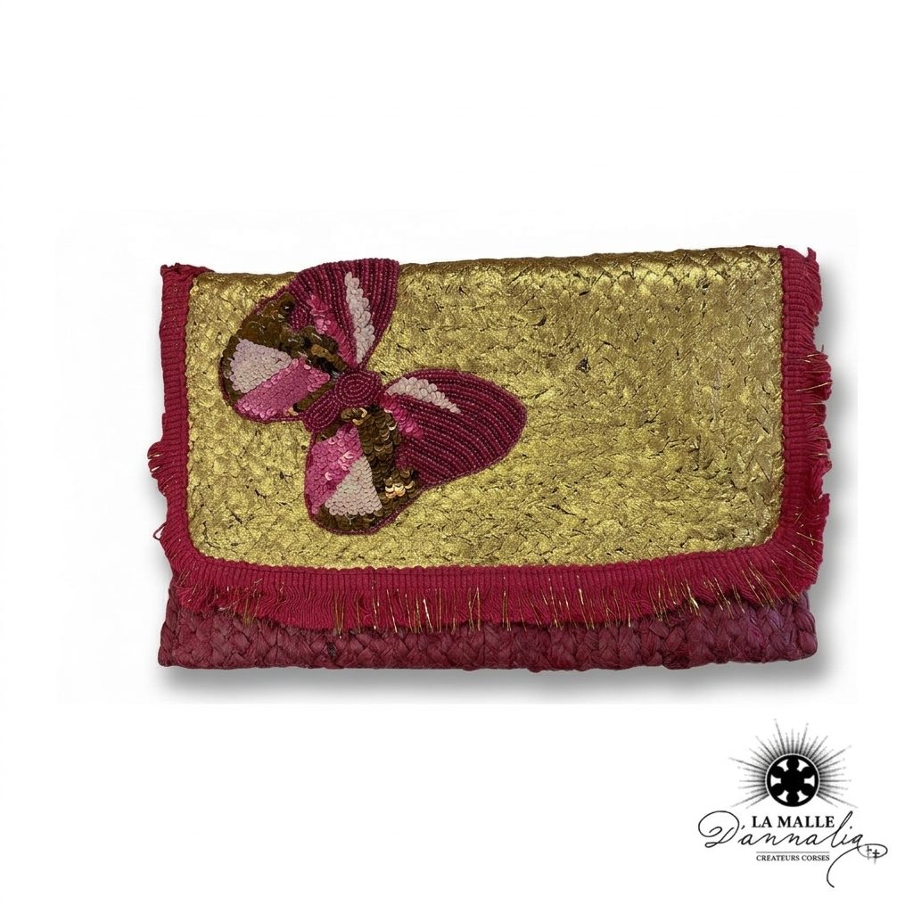 Pochette de Plage Rouge Papillon Brodé & Franges Dorées