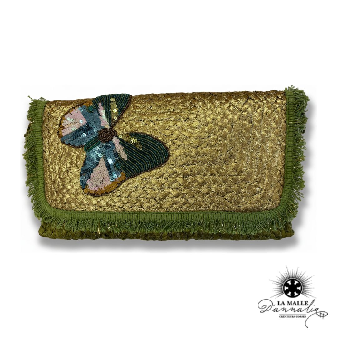 Pochette de Plage Vert Papillon Brodé & Franges Dorées