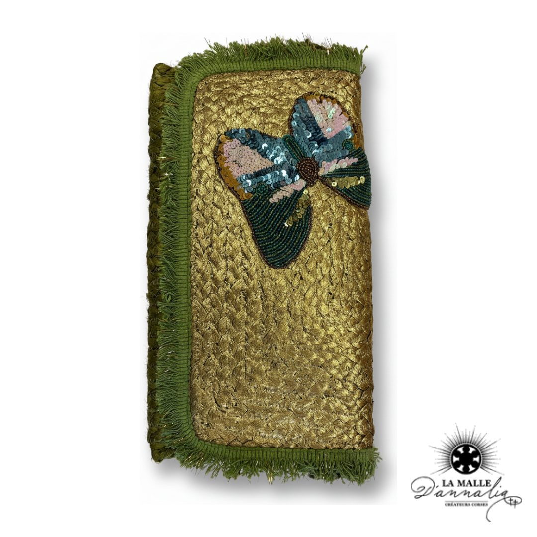 Pochette de Plage Vert Papillon Brodé & Franges Dorées