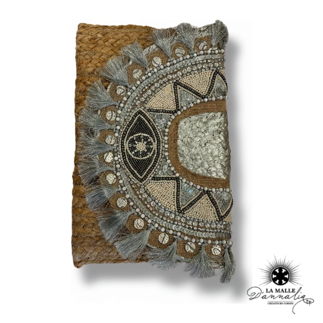Pochette de Plage Motif Ethnique Perles & Franges Corail