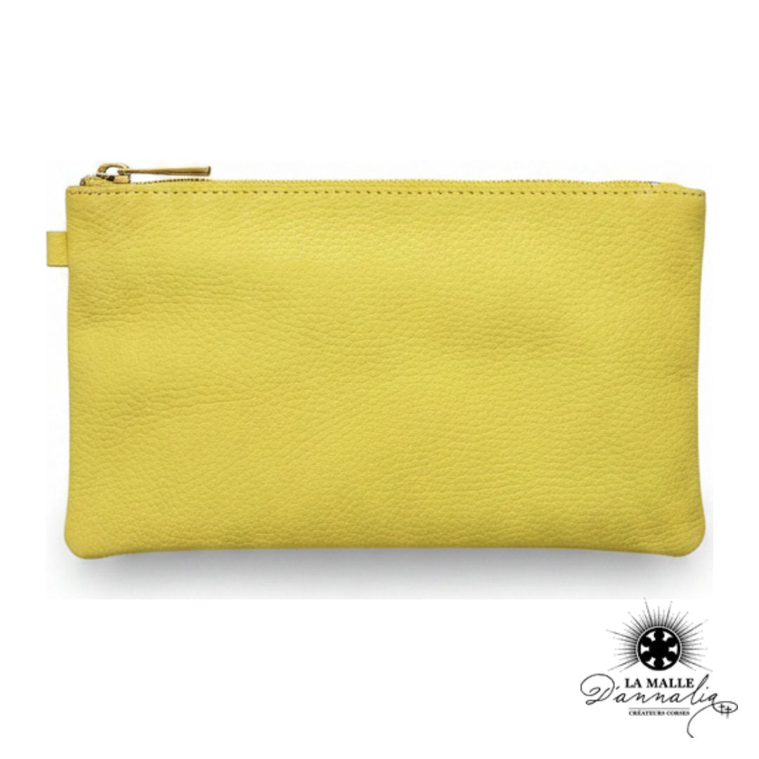 Pochette Cuir Véritable Jaune — Dragonne & Zip Doré — Italie
